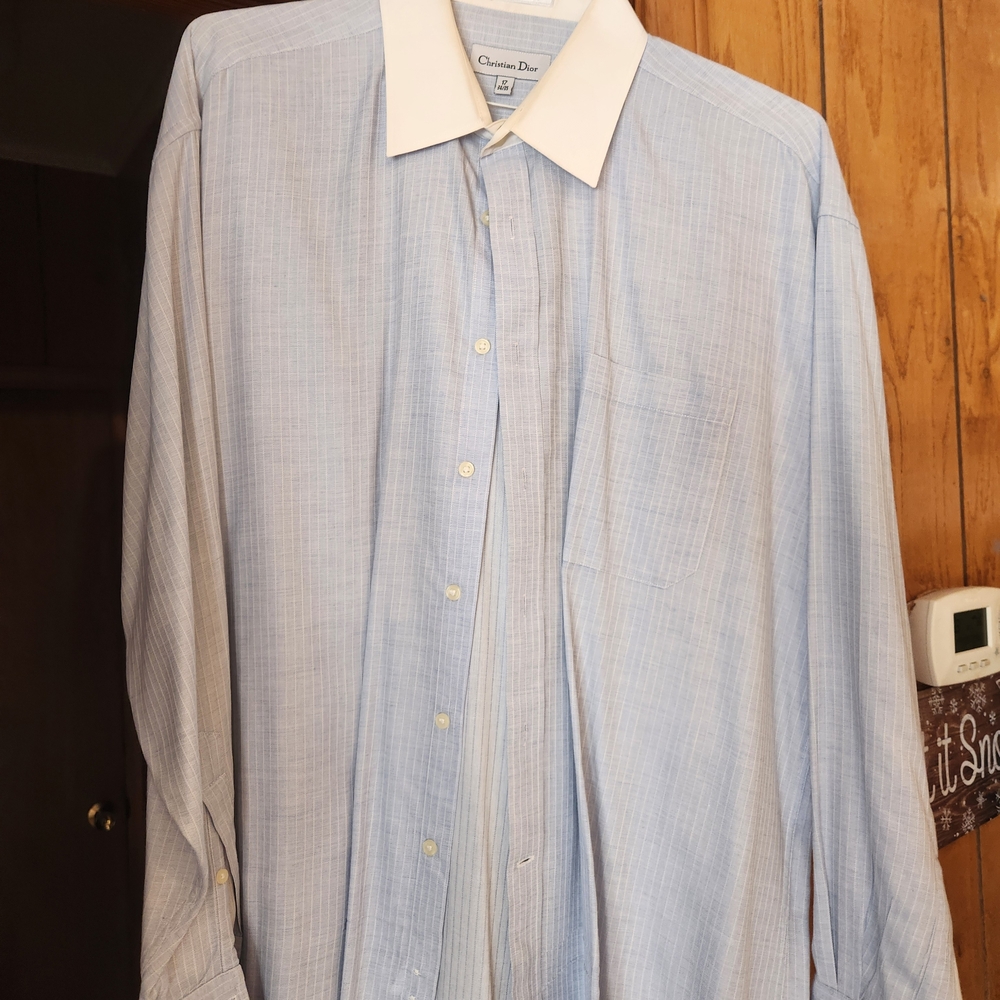 Christian Dior Men's Light Blue Pinstripe Dress Shirt With French Cuffs